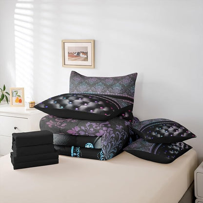Rainbow Damask Twin Comforter Set with Sheets | Antique Decor Gothic Vintage Floral 7 Piece Bedding Set Luxury Gradient Diamond Texture Pattern Bohemian Bed in a Bag, Boho Baroque Room Decor