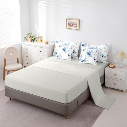 Erosebridal Blue and Grey Queen Comforter Set with Sheets,Boho Watercolor Floral 7 Piece Bedding Set | Ink Painting Style Blossom & Leaf Bed in A Bag with Flat and Fitted Sheet for Elegant Bedroom