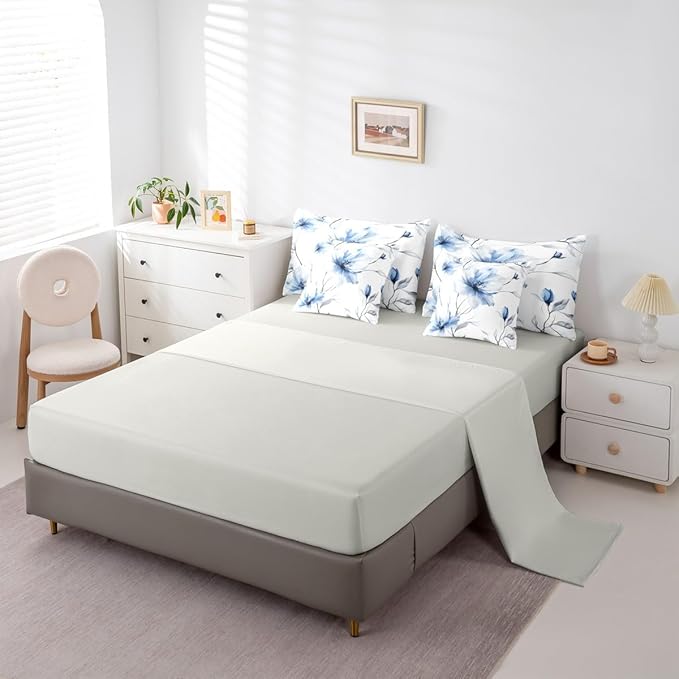Erosebridal Boho Watercolor Floral King Size Comforter Set with Sheets,Blue and Grey 7 Piece Bedding Set Ink Painting Style Blossom & Leaf Bed in A Bag with Flat and Fitted Sheet for Artistic Bedroom