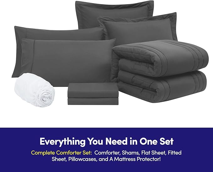 Queen Comforter Set Quilted Stripe Bedding Bundle – Stylish Set with Comforter, Mattress Protector, Sheet Set & Pillow Shams — Sophisticated Striped Design for Home & Guest Rooms, Charcoal