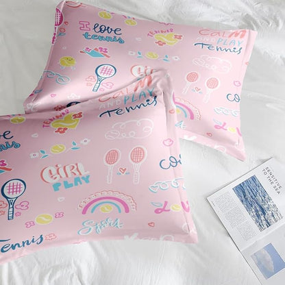 Comforter Set Queen Size, Cute Tennis Pink 7 Pcs Bedding for Kids and Adults, Rainbow Ball Flower Bed Sheet Sets with Fitted Sheet 2 Pillowcases & 2 Shams for Bedroom Bed Decor