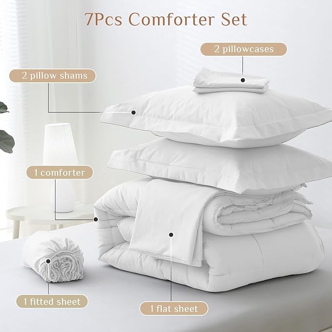 JOLLYVOGUE Queen Comforter Set, Ultra-Soft Bed in a Bag Queen Size 7 Pieces, Oeko-TEX Certified Bedding Set with Down Alternative Comforter, Sheets, Pillowcases & Shams, White