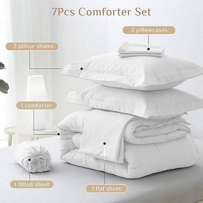 JOLLYVOGUE Queen Comforter Set, Ultra-Soft Bed in a Bag Queen Size 7 Pieces, Oeko-TEX Certified Bedding Set with Down Alternative Comforter, Sheets, Pillowcases & Shams, White