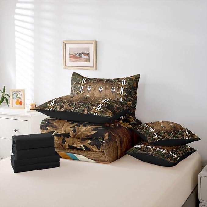 Camo Cabin Comforter Set 7-Piece Bed in a Bag Twin | Country Lake Oar Bedding Sets Mens Camouflage Comforter and Sheet Set, Woodland Animals Farmhouse Room Decor,Hunting Rustic Farmhouse Decor