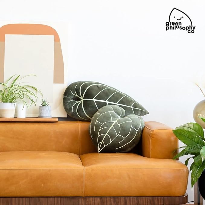 Green Philosophy Co. Anthurium Clarinervium Leaf Throw Pillow - Khaki Green