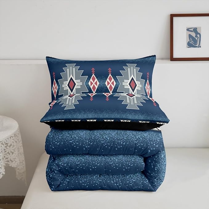 Erosebridal Southwestern Aztec Queen Bedding Set, Rustic Western Comforter Set, Exotic American Native Quilt for Boys Teens Men Bedroom, Vintage Bohemian Geometric Bedding Comforter Sets, Dark Blue