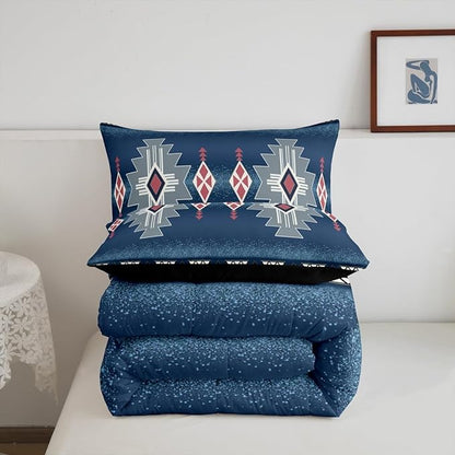Erosebridal Southwestern Aztec Queen Bedding Set, Rustic Western Comforter Set, Exotic American Native Quilt for Boys Teens Men Bedroom, Vintage Bohemian Geometric Bedding Comforter Sets, Dark Blue