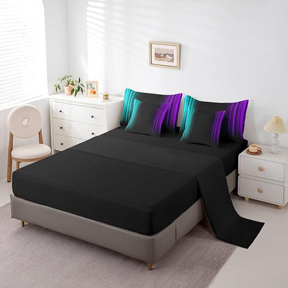 Feelyou Teens Abstract Ombre Decorations Bed in a Bag for Kids Women Teal Purple and Black Comforter Set with Sheets Geometric Modern Bed Set Room Twin Size