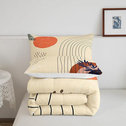 Retro Minimalism Bedding Twin Hippie Modern Comforter Set, Mid Century Bedding Comforter Sets Abstract Art Duvet Insert, Geometric Lines Stripes Down Comforter Red Sun Print Bedroom Decoratives