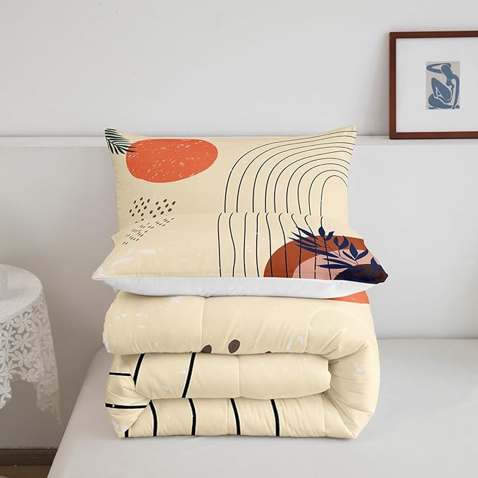 Retro Minimalism Bedding Set King Hippie Modern Comforter Set, Mid Century Duvet Insert Abstract Art Quilt Sets, Geometric Lines Stripes Bedding Comforters & Sets Red Sun Print Bedroom Decoratives
