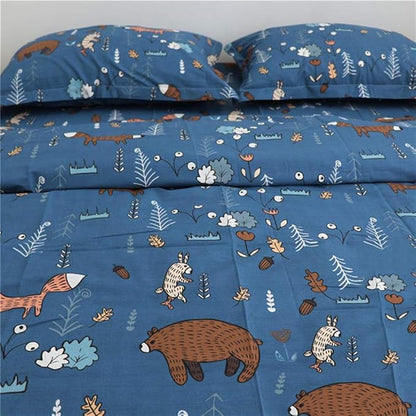 Houseri Blue Bear Twin Comforter Set 3 Pieces Toddler Boys Girls Navy Cartoon Woodland Bedding Sets Comfy Soft Kids Gift Fox Rabbit Forest Animal Painting Breathable Dark Color Bed Quilts Twin Size