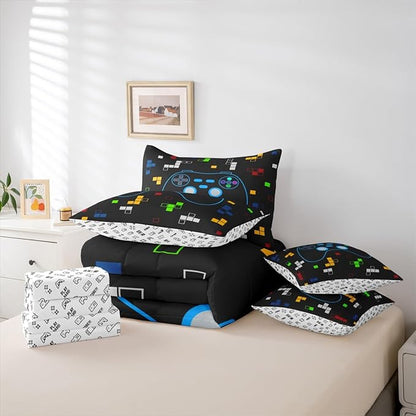 Cartoon Gamepad 7Pcs Comforter Set King Size,Miner Video Games Bedding Set,Kids Boys Girls Room Decor,Colorful Pixelated Geometric Bed in a Bag Black Reversible Gamer Flat Fitted Sheet,2 Pillowcases