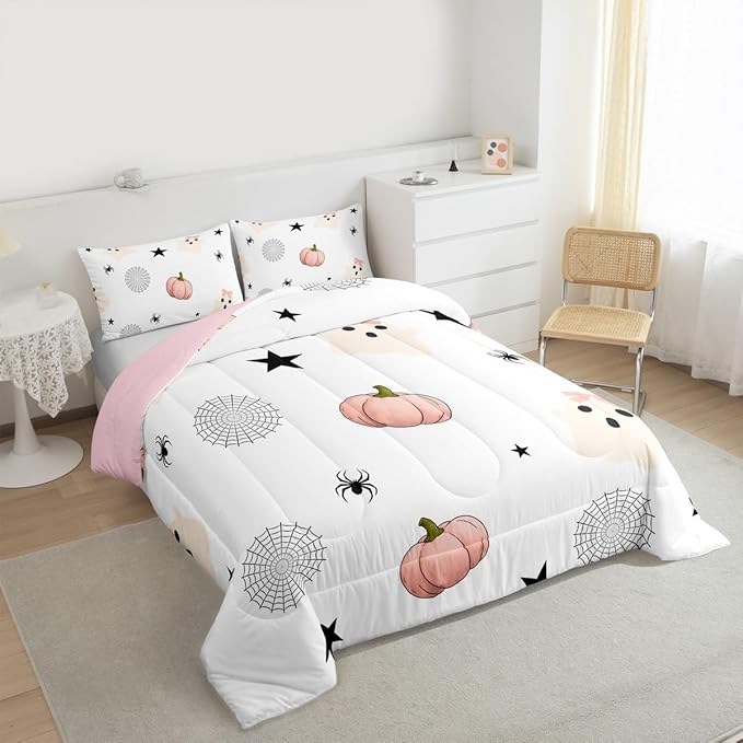 Erosebridal Kids Halloween Ghost Full Bedding Set, Pink Pumpkin Comforter Set for Girls Boys Teens Women Cute Halloween Decor, Funny Ghost Spider Web Comforter Star Quilt
