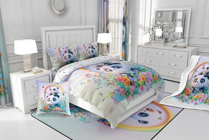 Manfei Cute Panda Bedding Comforter Sets Queen,Watercolor 3D Panda Bear Black White Bedding Set for Bedroom Decoration,Flowers Leaves Deamy Butterfly with 1 Comforter and 2 Pillow Cases Bedroom Decor