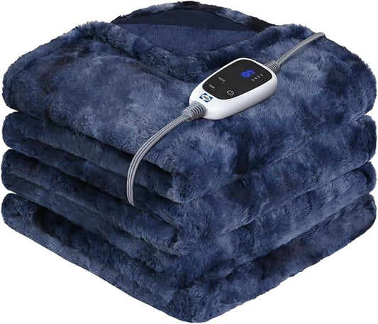 Sealy Electric Blanket Heated Throw, Faux Fur Heating Blanket with 6 Heat Settings & 2-10 Hours Auto Shut Off, Fast Heating & ETL Certification, 50x60 Inch, Navy Blue