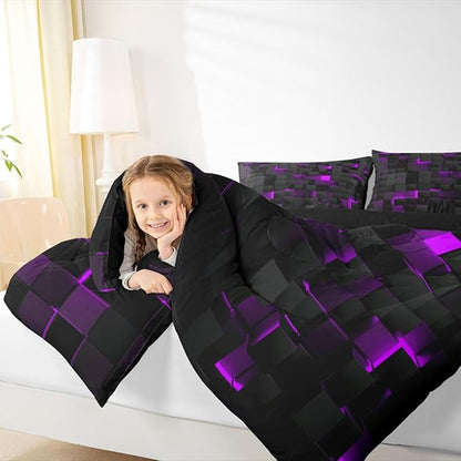 Erosebridal Black Purple Comforter Set King Neon Geometric Checkered Bedding Set for Girls Teen Women,Tereoscopic Grids Comforter Square Plaid Quilt Duvet Room Decor 3 Pcs