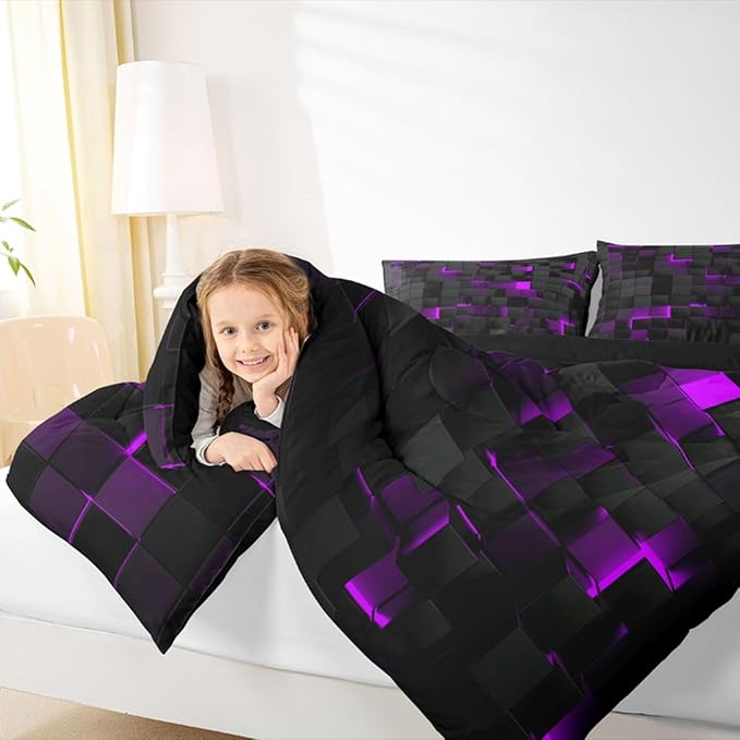Erosebridal Black Purple Comforter Set Queen Neon Geometric Checkered Bedding Set for Girls Teen Women,Tereoscopic Grids Comforter Square Plaid Quilt Duvet Room Decor 3 Pcs