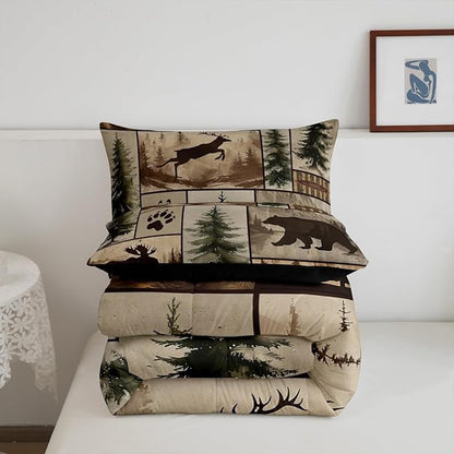 Feelyou Western Rustic Bear Deer Comforter Set Twin Size, Country Farmhouse Duvet Insert, Rustic Cabin Bedding Set,Elk Forest Animal Wildlife Hunting Patchwork Lodge Quilt, 1 Pillow Shams