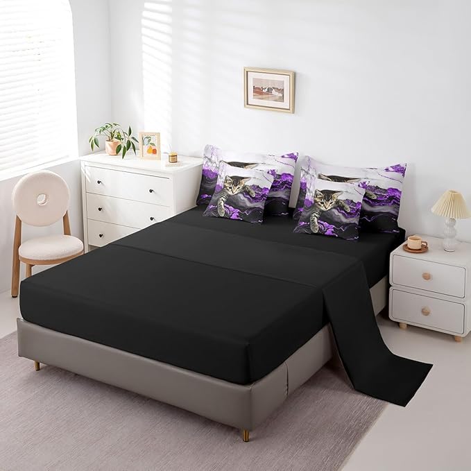 Erosebridal Purple Marbling Bedding Set Twin Watercolor Marble Ink Fluid Bed in A Bag Luxury Modern Marbling Cat Comforter Sets with Sheets Retro Artwork Style Aesthetic 7 Pieces Bed Set