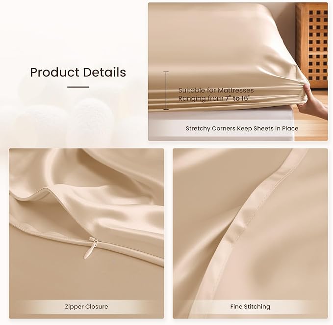 THXSILK 6A+ Top Grade 100% Pure Mulberry Silk King Fitted Sheet 3Pcs Set Bed Sheets Luxury Bedding for Hair and Skin Breathable Cooling Safe Material, 1 Fitted Sheet with 2 Pillowcases, Champagne