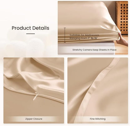 THXSILK 6A+ Top Grade 100% Pure Mulberry Silk Queen Fitted Sheet 3Pcs Set Bed Sheets Luxury Bedding for Hair and Skin Health Oeko-TEX Certified Safety, 1 Fitted Sheet with 2 Pillowcases, Champagne