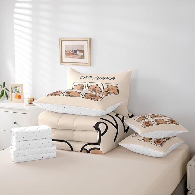 Erosebridal Capybara 7 Piece Bedding Set Full Size,Cute Animal Bed in a Bag,Capybara Lovers Bed Set Includes Comforter, Sheet Set, Pillowcases & Pillow Covers All Season Bedroom Decor