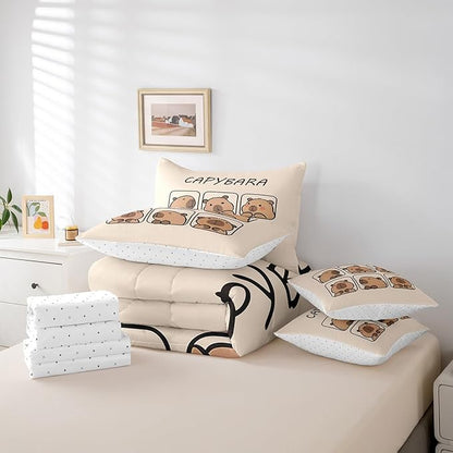 Erosebridal Capybara 7 Piece Bedding Set Queen Size,Cute Animal Bed in a Bag,Capybara Lovers Bed Set Includes Comforter, Sheet Set, Pillowcases & Pillow Covers All Season Bedroom Decor