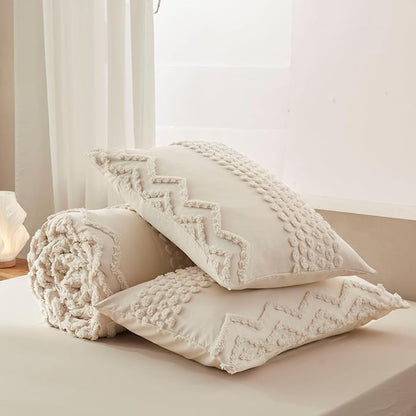 Luxudecor Beige Tufted Comforter Set Full Size 3 Pieces Boho Shabby Chic Comforter Farmhouse Embroidery Bedding Set Soft Comforter for All Seasons (Beige, 80''x90'')