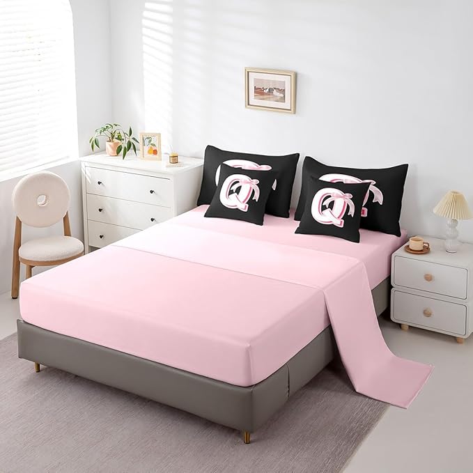 jejeloiu Kawaii Pink Bow Queen Comforter Set with Sheets,Gifts for Women Teen Girl,Personalized Initial Letter 7 Piece Bedding Set,Soft Monogrammed Bed in a Bag with Comforter,Sheets,Pillowcases