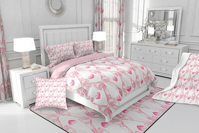 Erosebridal Bowknot Bedding Set King for Kids Girls Teen,Dreamy Princess Style Bedding Comforter Sets Pink Cute Bow Girly Geometric Comforter Set Kawaii Bow Tie Heart Duvet Insert 2 Pillow Cases