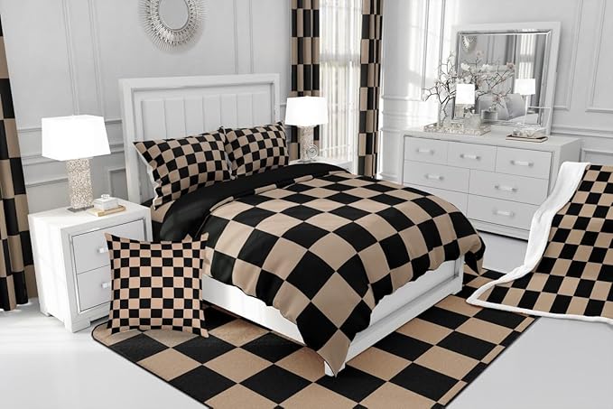 Checkered Retro Kids Comforter Set Full Size Brown Plaid Bedding Set Geometric Vintage Duvet Quilt for Kids Boys Girls Bedroom Modern Simple Groovy Aesthetic Decor
