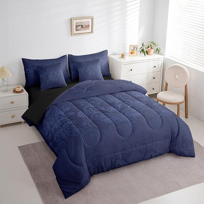 Erosebridal Gothic Damask Comforter Set 7 Piece Bed in a Bag Twin,Butterfly Skull Bedding Sets Azure Blue Victorian Floral Goth Sheet Set with Comforter