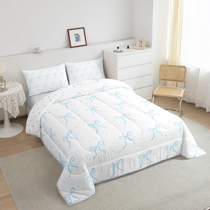 Erosebridal Kids Blue Bow Knot Bedding Set Queen Size, Kawaii Bowknot Comforter Set for Youth Teens Adults Bedroom, Dreamy Princess Down Comforter, Princess Galaxy Stars Quilt with 2 Pillowcases