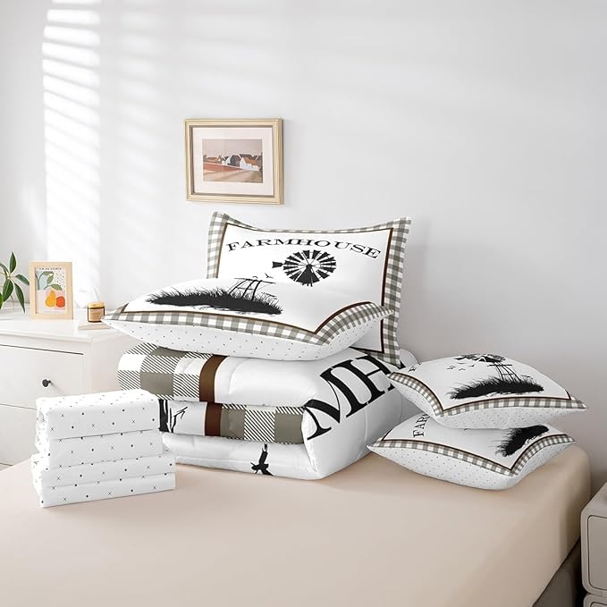 Erosebridal Full Size Windmill Comforter Sets with Sheets 7-Piece Rustic Farmhouse Grid Comforter Set Bed-in-a-Bag with 1 Flat Sheet 1 Fitted Sheet 2 Pillowcases and 2 Throw Pillow Covers
