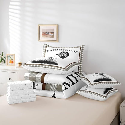 Erosebridal Full Size Windmill Comforter Sets with Sheets 7-Piece Rustic Farmhouse Grid Comforter Set Bed-in-a-Bag with 1 Flat Sheet 1 Fitted Sheet 2 Pillowcases and 2 Throw Pillow Covers