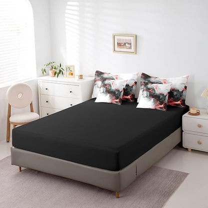 Black and Red Full Comforter Set 7-Piece Abstract Marbling Bedding Comforter Sets, Aesthetic Marble Bed in a Bag Foil Print Bedding Set, Watercolor Painting Bed Sheets Set Kids Bedroom Decor