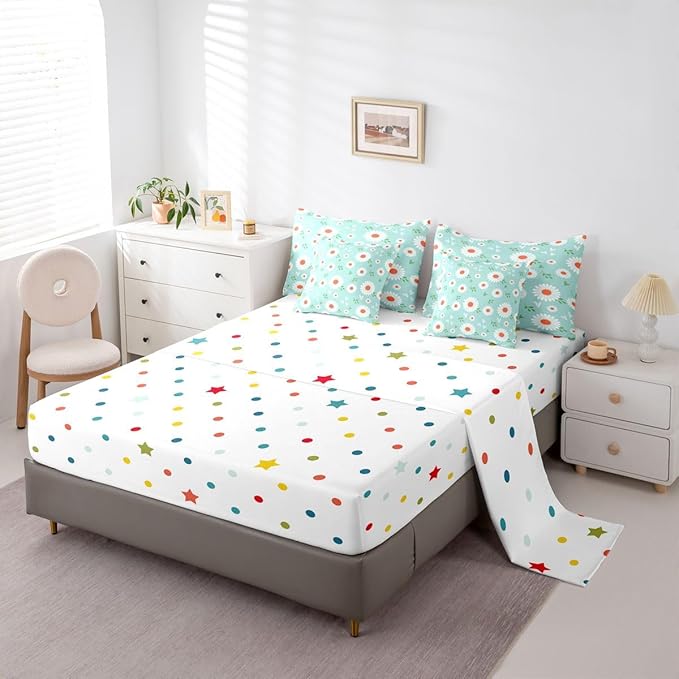 Feelyou Daisy Comforter Set with Sheets 7 Piece Twin Size Botanical Floral Printed Bedding Set for Kids Boys Girls Garden Plants Design Bed in a Bag Blue Room Decor Soft Lightweight Microfiber
