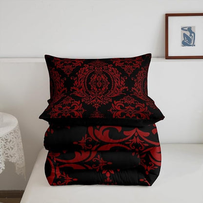 Feelyou Adults Red Vintage Damask Floral Comforter Set Oriental Antique Comforter Queen Size Gothic Bohemia Boho Flower Bedding Set Bohemian Exotic Duvet Set Quilt Set 3Pcs
