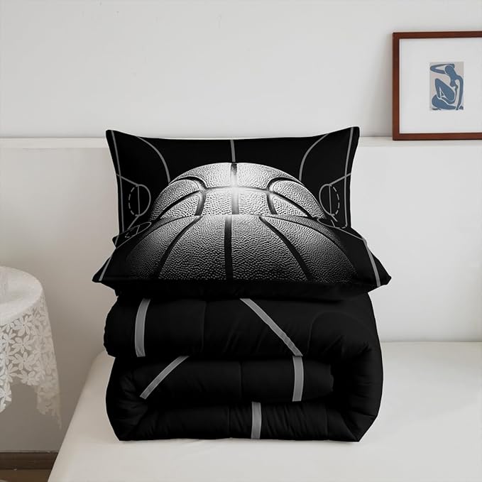 Erosebridal Twin Size Basketball Comforter Set for Boys,Black and Gray Basketball Bedding Sets for Teens,Sports Ball Games Twin Size Comforter Sets,Ball Room Decor for Boys