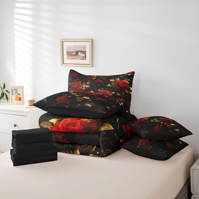 Erosebridal Rose King Comforter Set Rosy Floral 7-Piece Bed in A Bag Gothic Flowers Victorian Garden Romantic Sheets and Pillowcases Gold Red Bed Sets