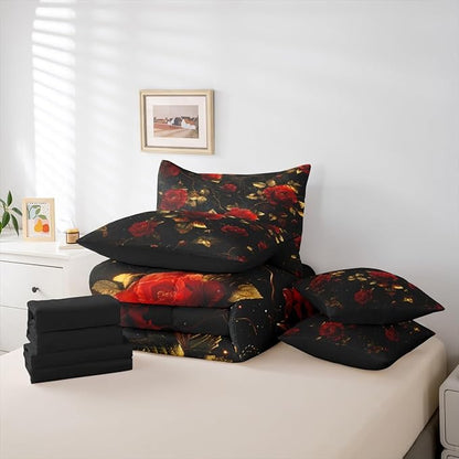 Erosebridal Rose King Comforter Set Rosy Floral 7-Piece Bed in A Bag Gothic Flowers Victorian Garden Romantic Sheets and Pillowcases Gold Red Bed Sets