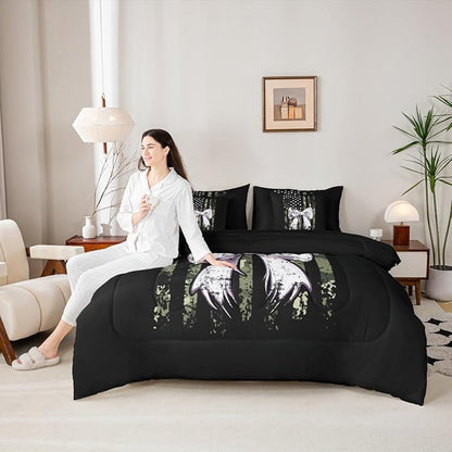 Erosebridal Deer King Comforter Set Elk Bowknot 7-Piece Bed in A Bag Bow Camouflage Antlers American Flag Sheets and Pillowcases Black White Bed Sets