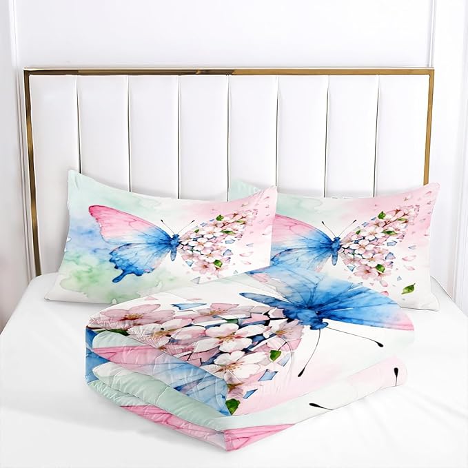 Butterfly Comforter Set Queen 3 Pieces Blue Pink Green Tie Dye Bedding Set for Kids Teens Butterflies Floral Cherry Blossoms Comforter with 2 Pillowcases, Super Soft Microfiber All Season