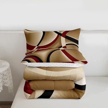 Black Red Brown Abstract Stripes Full Size Comforter Set Geometric Circle Bedding Set for Kids Adults Teens Modern Retro Comforter Luxury Geometric Quilt Set Room Decor 3Pcs