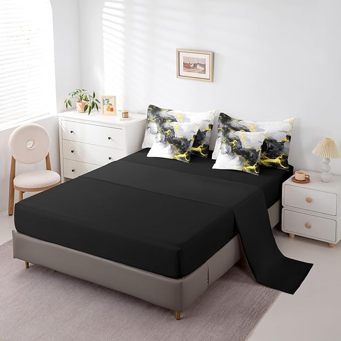 Erosebridal Yellow Black Marble Twin Comforter Set 7-Piece Watercolor Marbling Bedding Comforter Sets, Stone Pattern Bed in a Bag Modern Abstract Art Bedding Set, Retro Ink Painting Bed Sheets Set