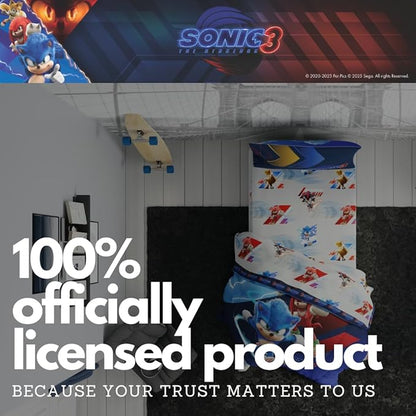 Sonic The Hedgehog 3 Movie Kids Bedding Super Soft Comforter and Sheet Set, 4 Piece Twin Size, (Officially Licensed Product) by Franco | Durable, Reversible, Officially Licensed