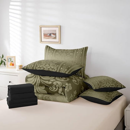Comforter Set King Size, Olive Aztec Damask 7 Pcs Bedding for Kids and Adults, Western Bohemian Goth Floral Victorian Bed Sheet Sets with Fitted Sheet 2 Pillowcases & 2 Shams for Bedroom Bed Decor