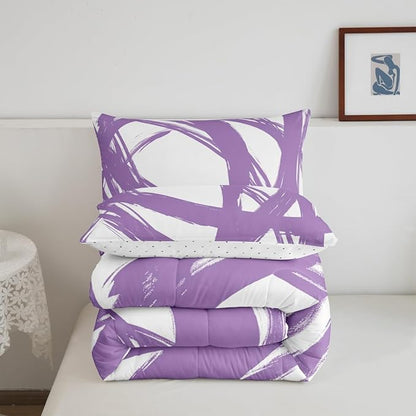 Erosebridal Purple and White Abstarct Queen Comforter Set for Adult Women Men, Geometric Striped Bedding Set for Minimalists,Graffiti Aesthetic Lines Quilt,Contemporary Boho Modern Art Duvet Insert