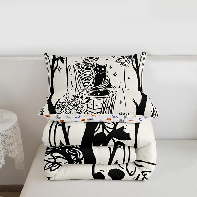 Erosebridal Halloween Gothic Skull Comforter Set Toddler, Skeleon Holding Cat Bedding Set, Gothic Floral Comforter for Kids Teens Boys Adults Goth Room Decor, Sun and Moon Quilt, Lightweight