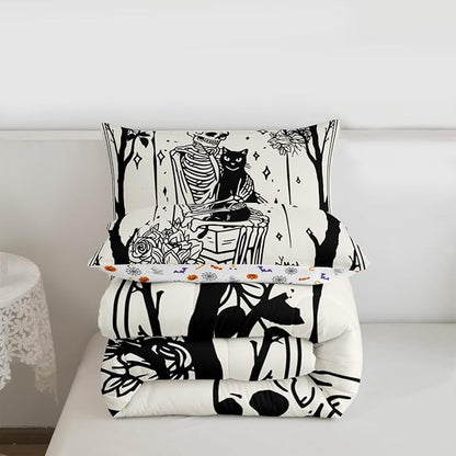Erosebridal Halloween Gothic Skull Comforter Set Twin, Skeleon Holding Cat Bedding Set, Gothic Floral Comforter for Kids Teens Boys Adults Goth Room Decor, Sun and Moon Quilt, Lightweight